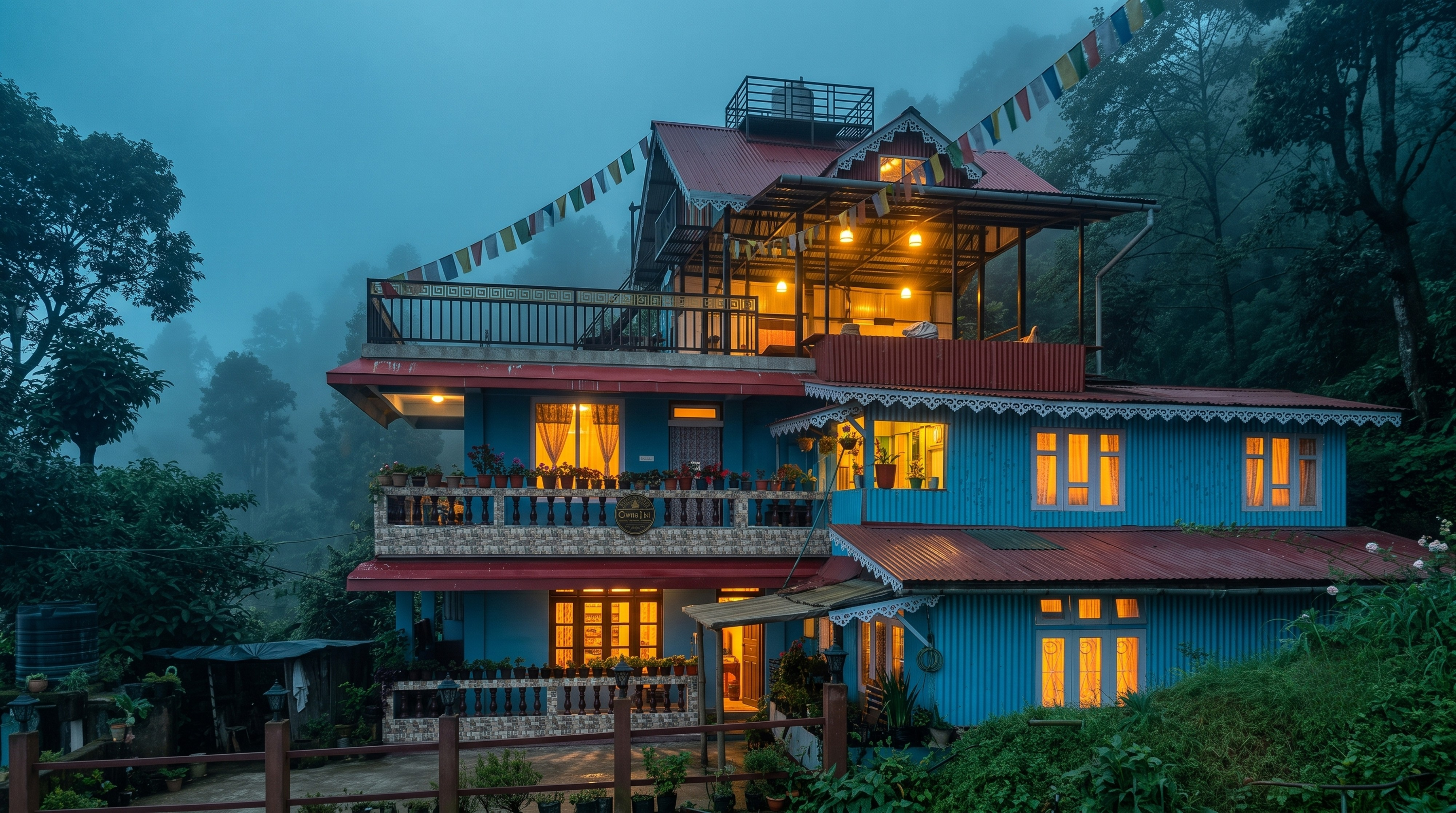 Dwelling Neast multi-story luxury mountain homestay building in Darjeeling with warm lit windows at dusk